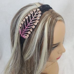 Champagne Pink Crystals Leaf Black Lace Hairband